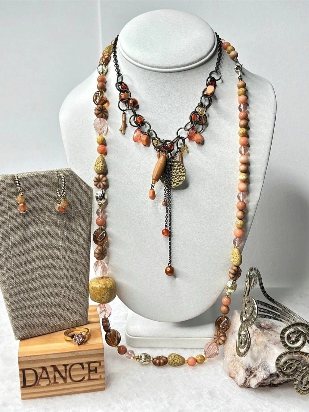 Beaded Statement Necklace Set in Pinks & Browns